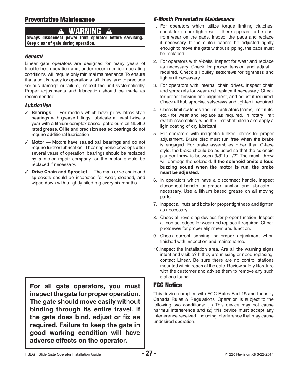 Warning, Preventative maintenance, Fcc notice | Controlled Products Systems Group HSLG-111 User Manual | Page 29 / 34