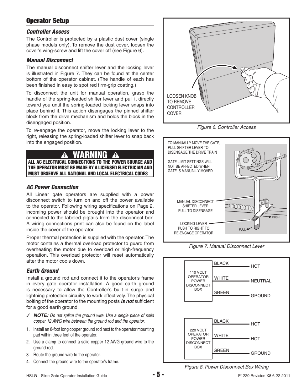 Warning, Operator setup, Controller access | Manual disconnect, Ac power connection, Earth ground | Controlled Products Systems Group HSLG-111 User Manual | Page 7 / 34