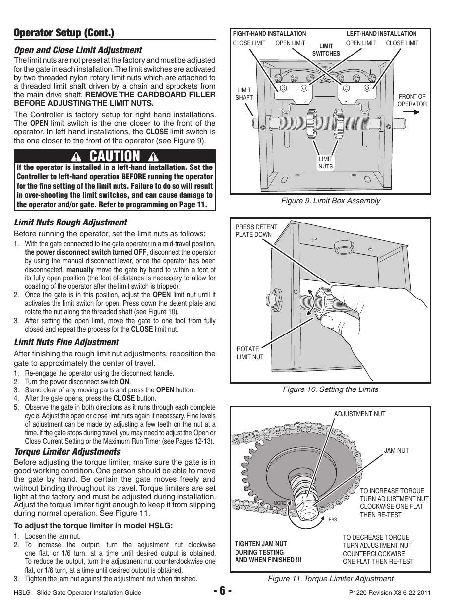 Caution, Operator setup (cont.), Open and close limit adjustment | Limit nuts rough adjustment, Limit nuts fine adjustment, Torque limiter adjustments | Controlled Products Systems Group HSLG-111 User Manual | Page 8 / 34
