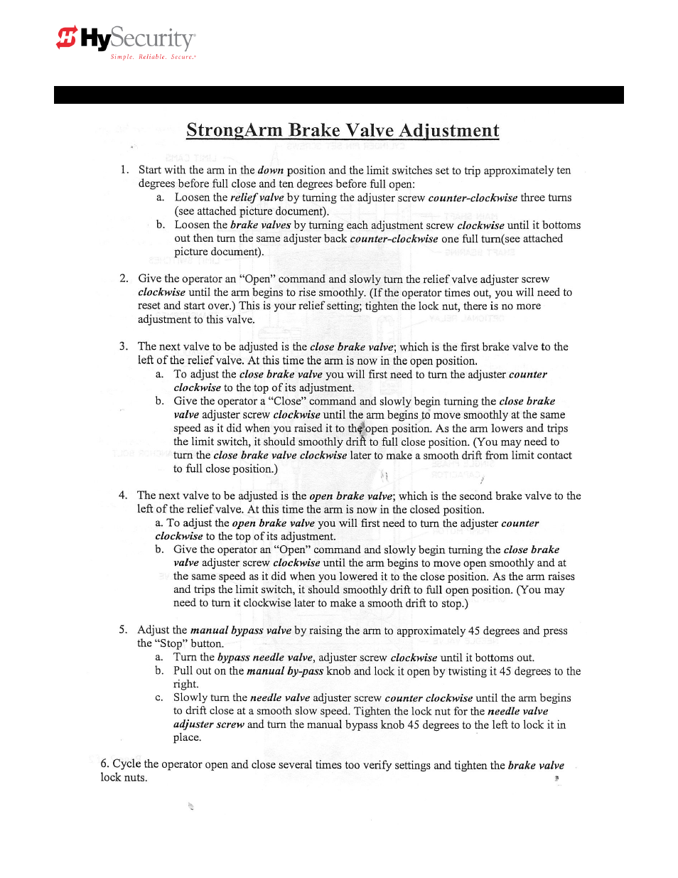 Strongarm brake valve adjustment procedure | Controlled Products Systems Group HTG 320-2 ST User Manual | Page 71 / 74