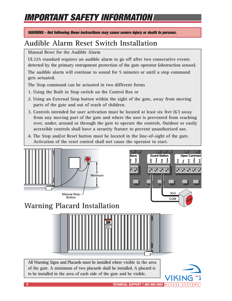 Important safety information, Warning placard installation, Audible alarm reset switch installation | Controlled Products Systems Group I8 User Manual | Page 12 / 39