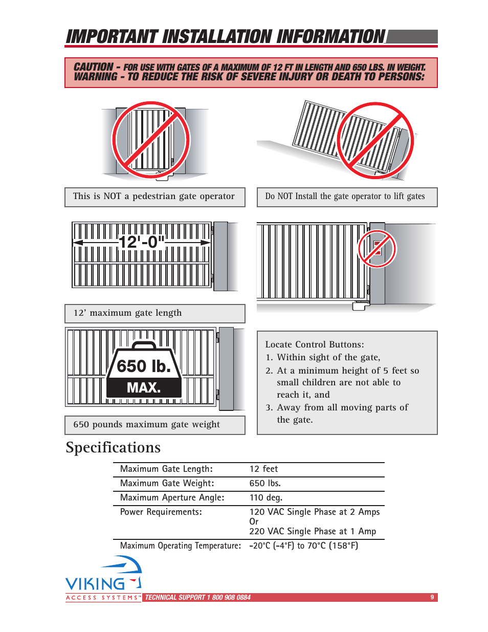 Important installation information, 650 lb, Specifications | Controlled Products Systems Group I8 User Manual | Page 13 / 39
