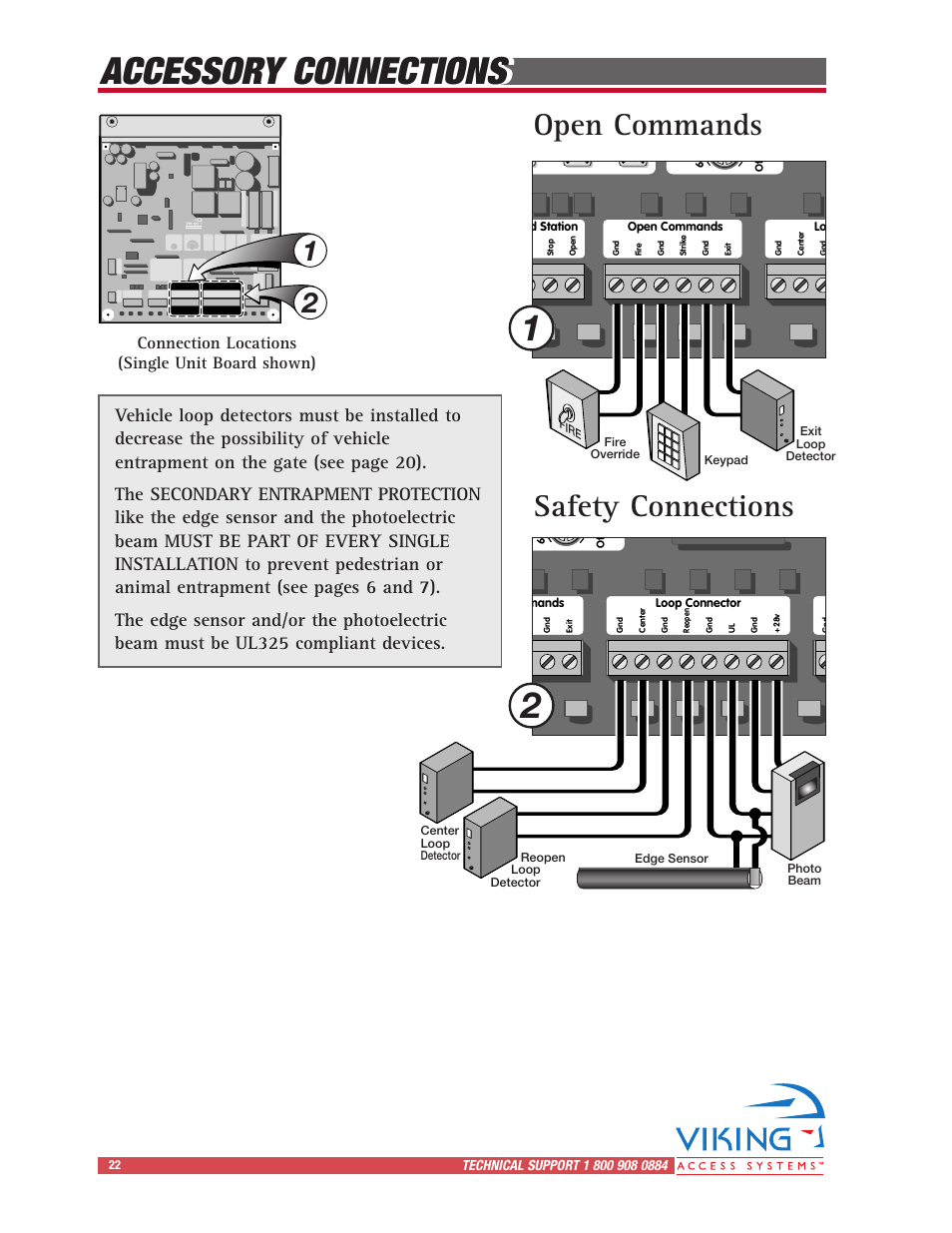 Accessory connections, Open commands, Safety connections | Connection locations (single unit board shown) | Controlled Products Systems Group I8 User Manual | Page 26 / 39