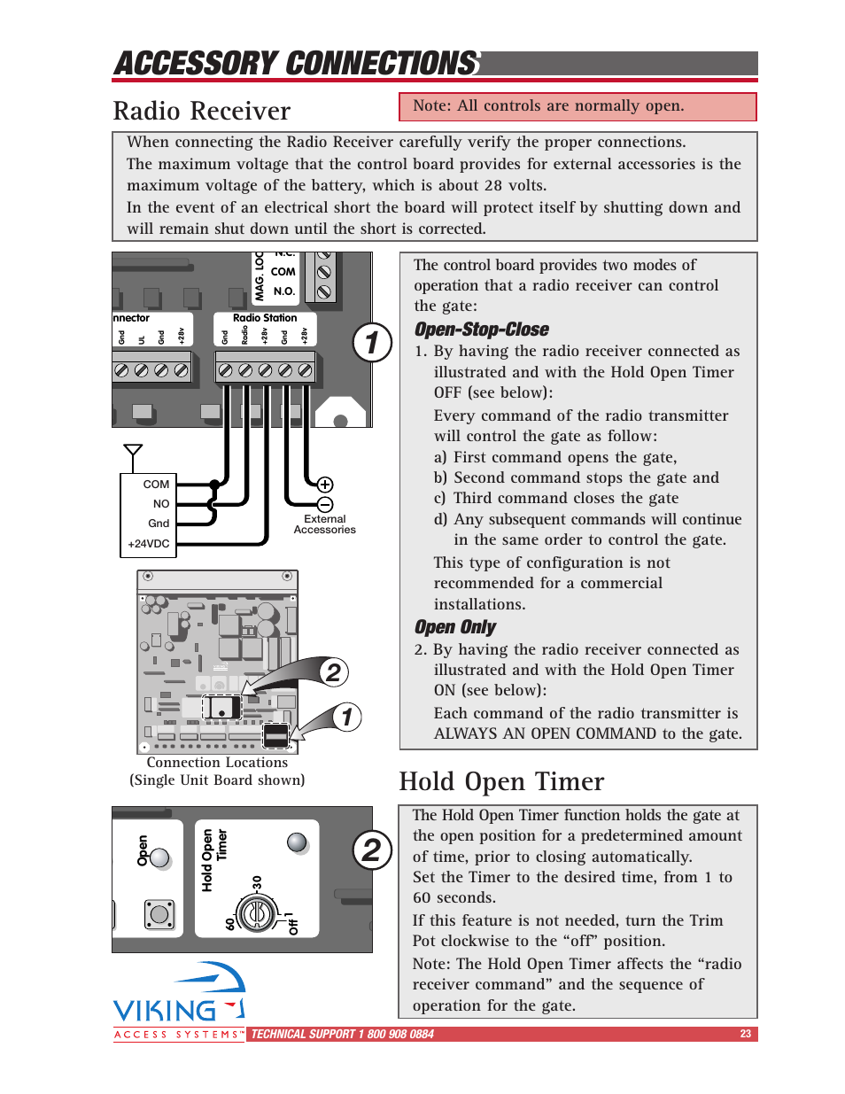 Accessory connections, Radio receiver, Hold open timer | Open-stop-close, Open only, Connection locations (single unit board shown) | Controlled Products Systems Group I8 User Manual | Page 27 / 39