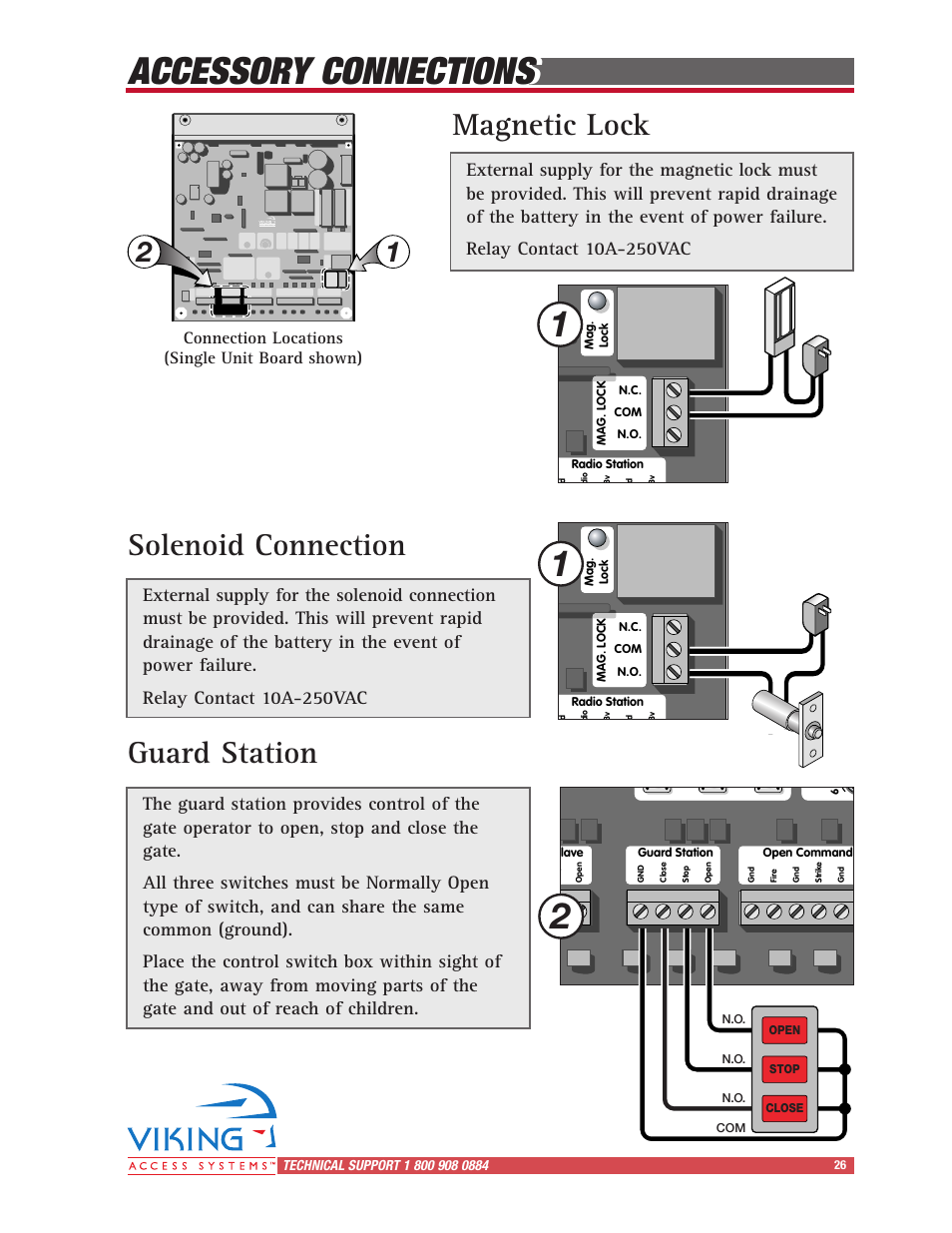 Accessory connections, Guard station, Magnetic lock solenoid connection | Connection locations (single unit board shown) | Controlled Products Systems Group I8 User Manual | Page 29 / 39