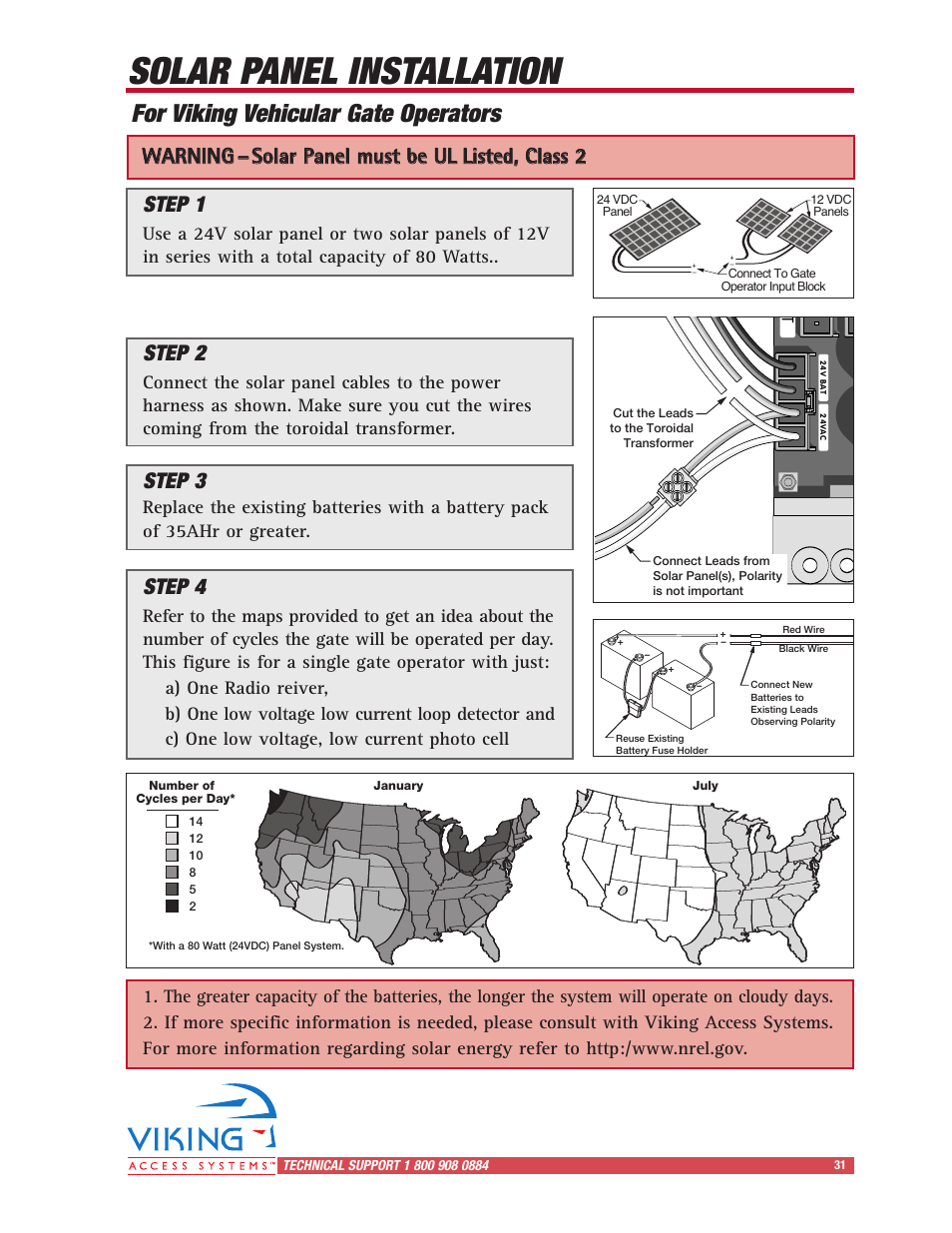 Solar panel installation, For viking vehicular gate operators, Step 1 | Step 3, Step 2, Step 4 | Controlled Products Systems Group I8 User Manual | Page 35 / 39