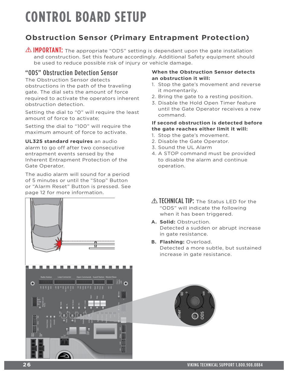 Control board setup, Obstruction sensor (primary entrapment protection), Important | Ods” obstruction detection sensor, Technical tip | Controlled Products Systems Group L3NX User Manual | Page 28 / 50