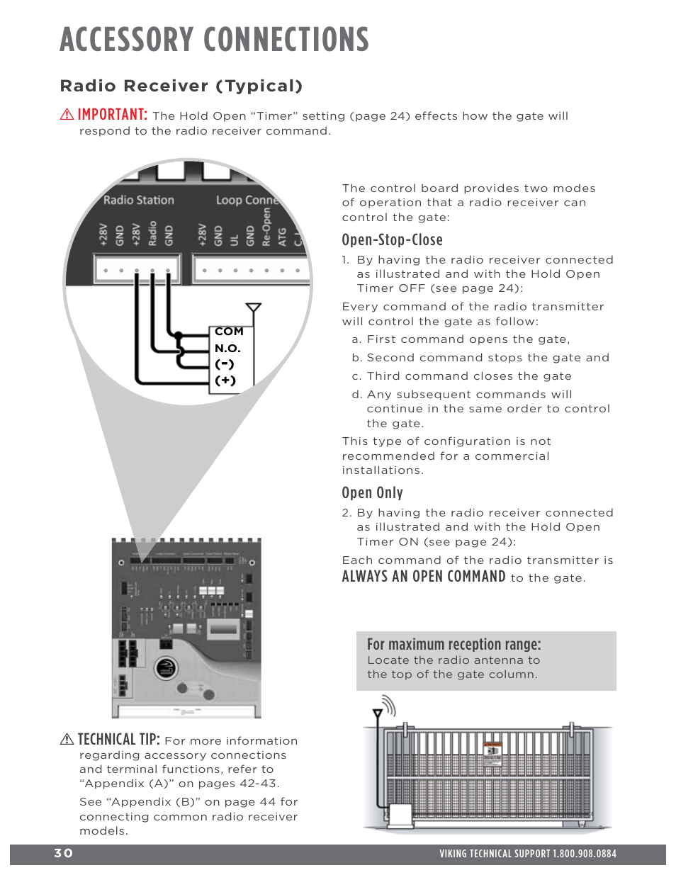 Accessory connections, Radio receiver (typical), Important | Open-stop-close, Open only, Always an open command, Technical tip, For maximum reception range | Controlled Products Systems Group L3NX User Manual | Page 32 / 50