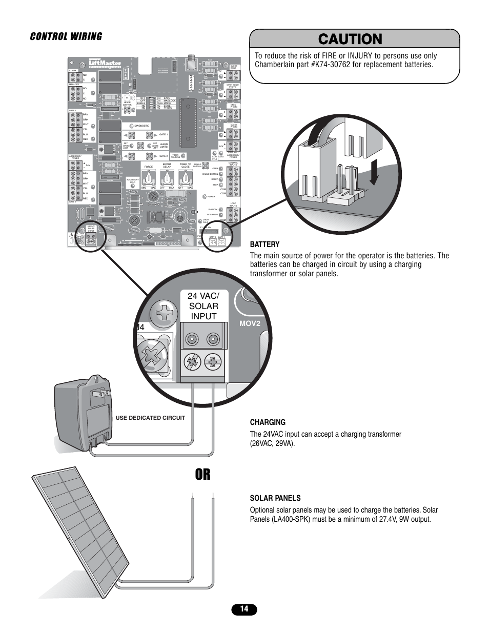 Warning caution warning warning, Control wiring, 24 vac/ solar input j4 | Mov2, Batt 2 batt 1, Use dedicated circuit | Controlled Products Systems Group LA400 User Manual | Page 14 / 32