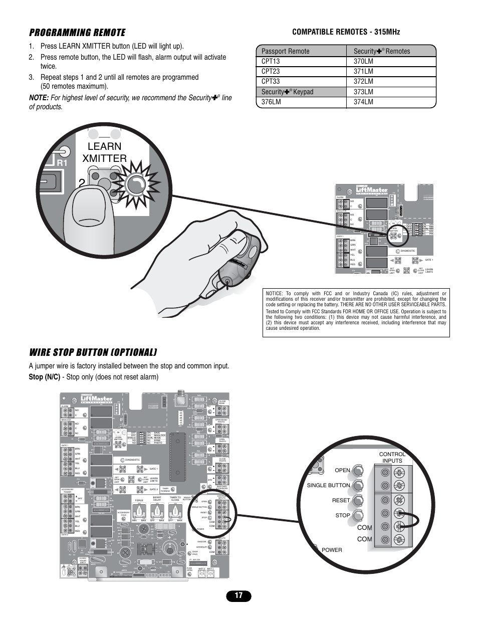 Programming remote, Learn xmitter, Wire stop button (optional) | Line of products. compatible remotes - 315mhz, Passport remote security, Control inputs open single button reset stop power | Controlled Products Systems Group LA400 User Manual | Page 17 / 32