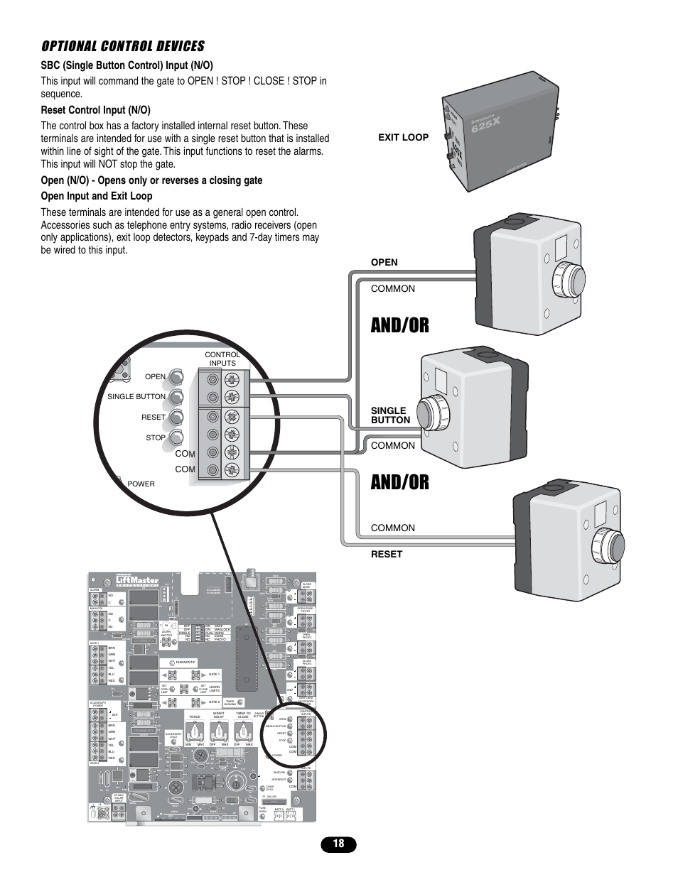 And/or, Optional control devices, 62 5x | Reset single button open common common common, Exit loop, 625x, Control inputs open single button reset stop power | Controlled Products Systems Group LA400 User Manual | Page 18 / 32