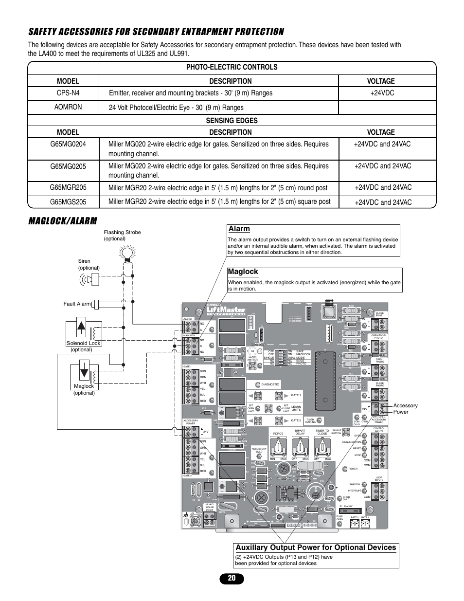Maglock/alarm, Alarm maglock, Auxillary output power for optional devices | Controlled Products Systems Group LA400 User Manual | Page 20 / 32