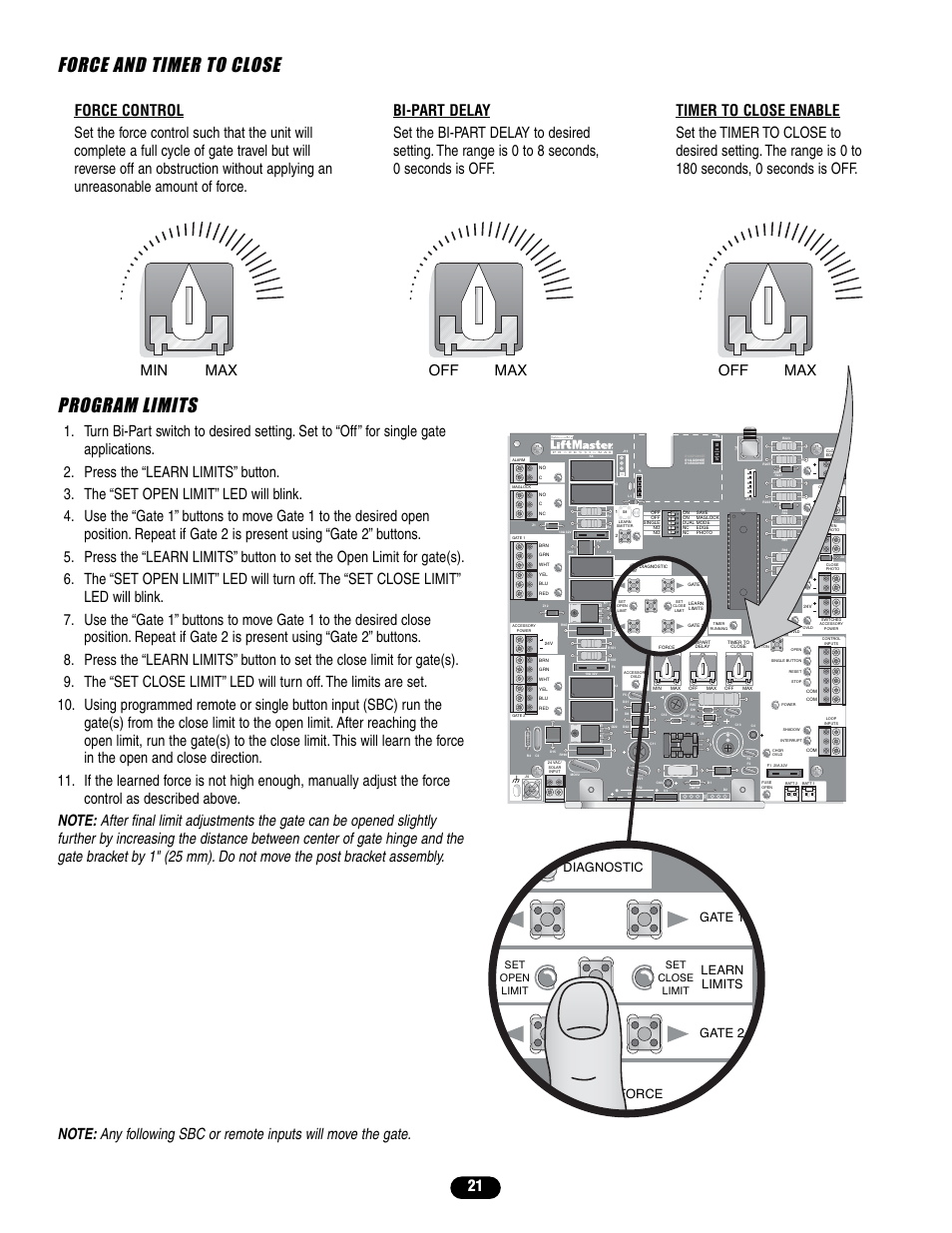 Force and timer to close program limits, Min max off max off max, Force gate 2 | Learn limits diagnostic gate 1, Set open limit set close limit | Controlled Products Systems Group LA400 User Manual | Page 21 / 32