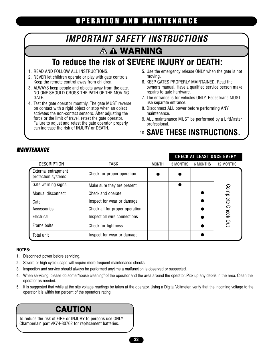 Operation and maintenance, Warning, Save these instructions | Warning caution warning warning | Controlled Products Systems Group LA400 User Manual | Page 23 / 32