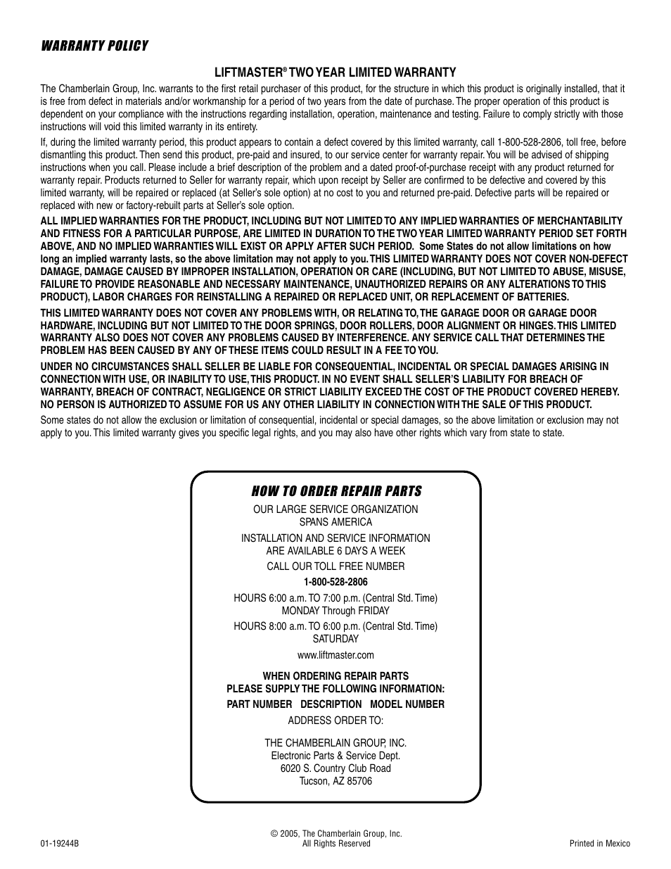 Warranty, How to order repair parts, Warranty policy | Controlled Products Systems Group LA400 User Manual | Page 32 / 32