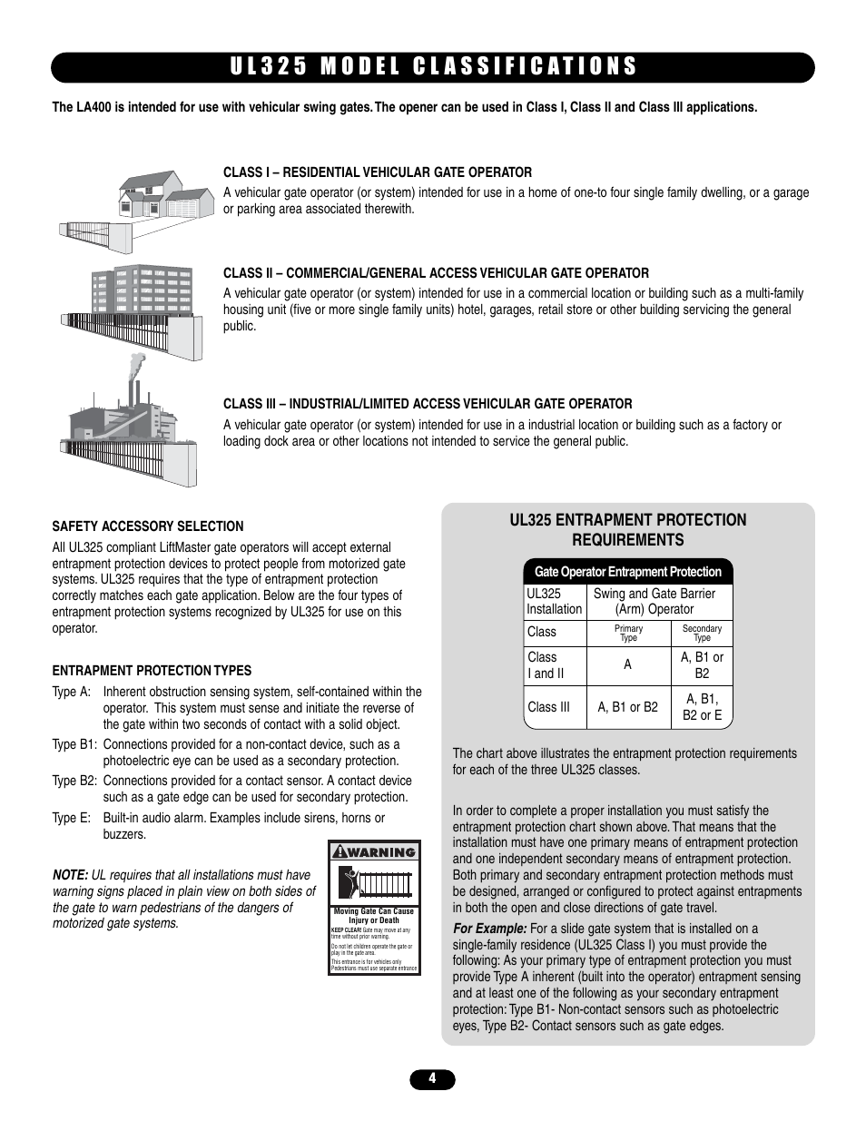 Ul325 model classifications, Ul325 entrapment protection requirements | Controlled Products Systems Group LA400 User Manual | Page 4 / 32