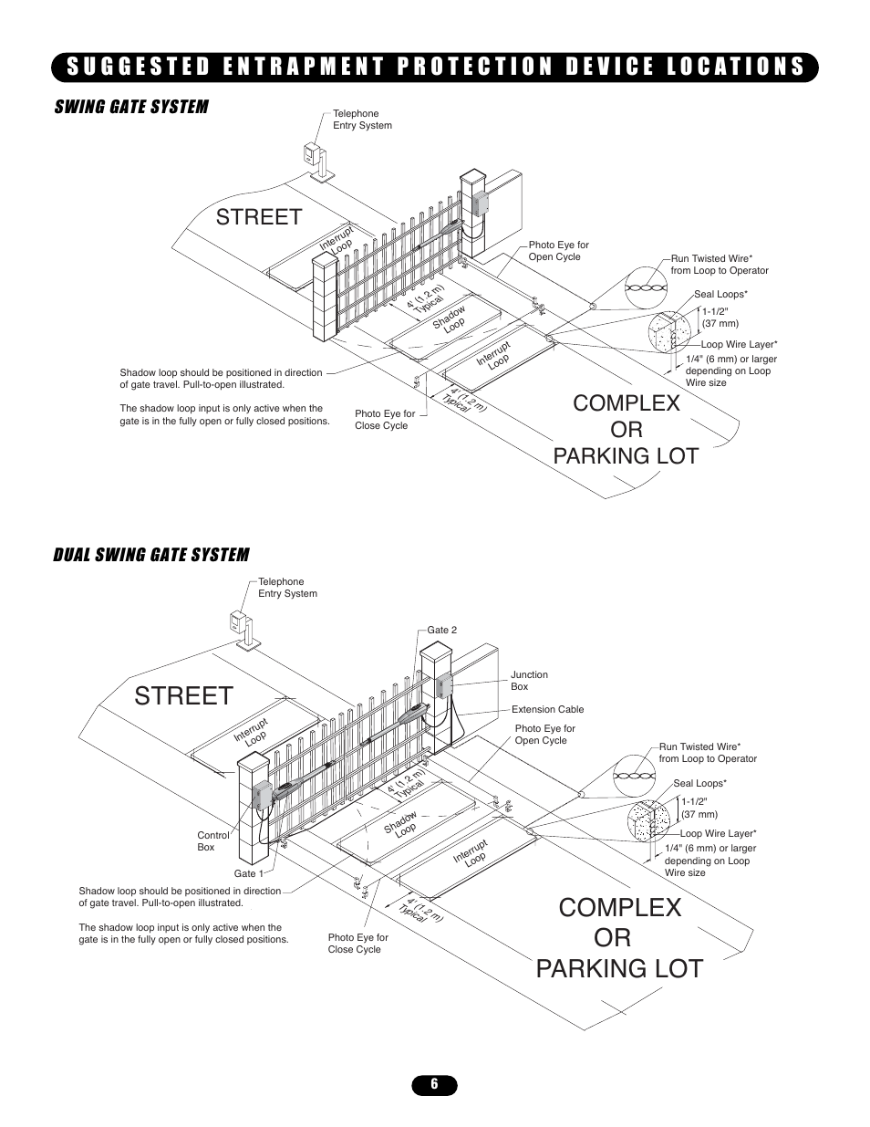 Suggested entrapment protection device locations, Street, Complex or parking lot | Street complex or parking lot, Swing gate system dual swing gate system | Controlled Products Systems Group LA400 User Manual | Page 6 / 32