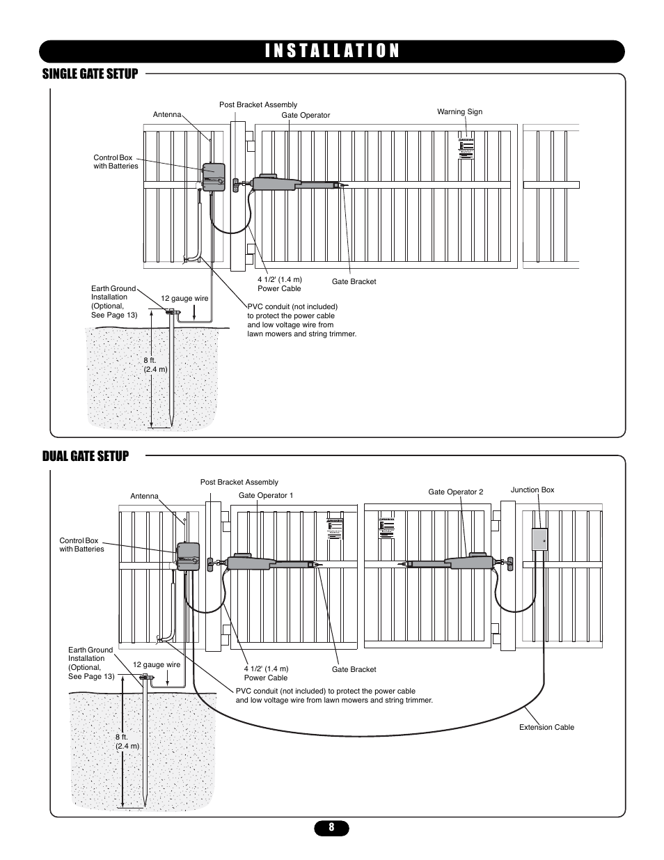 Installation, Single gate setup dual gate setup | Controlled Products Systems Group LA400 User Manual | Page 8 / 32