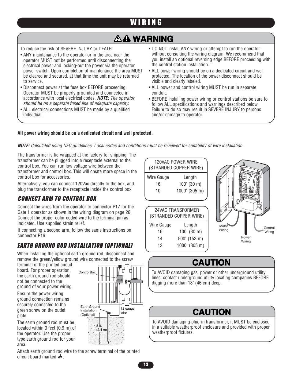 Wiring, Earth ground rod installation (optional), Warning caution warning warning | Controlled Products Systems Group LA400-S User Manual | Page 13 / 32