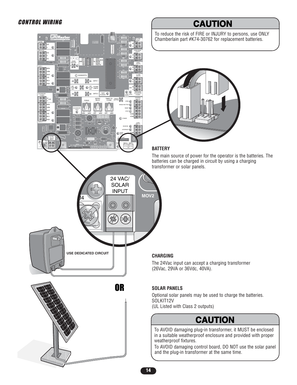 Control wiring, Warning caution warning warning, 24 vac/ solar input j4 | Mov2, Batt 2 batt 1, Use dedicated circuit | Controlled Products Systems Group LA400-S User Manual | Page 14 / 32