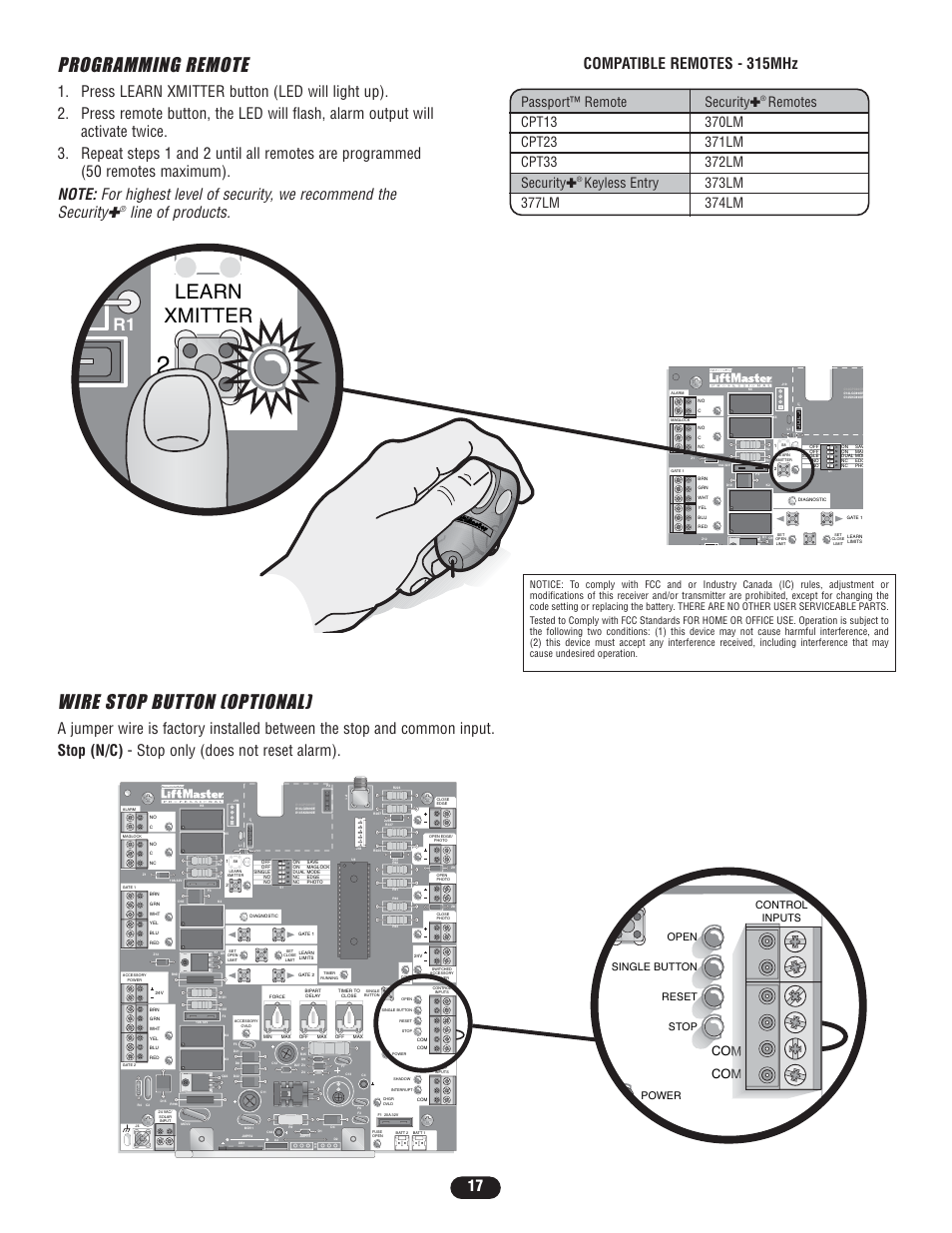 Programming remote, Wire stop button (optional), Learn xmitter | Line of products. compatible remotes - 315mhz, Passport™ remote security, Control inputs open single button reset stop power | Controlled Products Systems Group LA400-S User Manual | Page 17 / 32