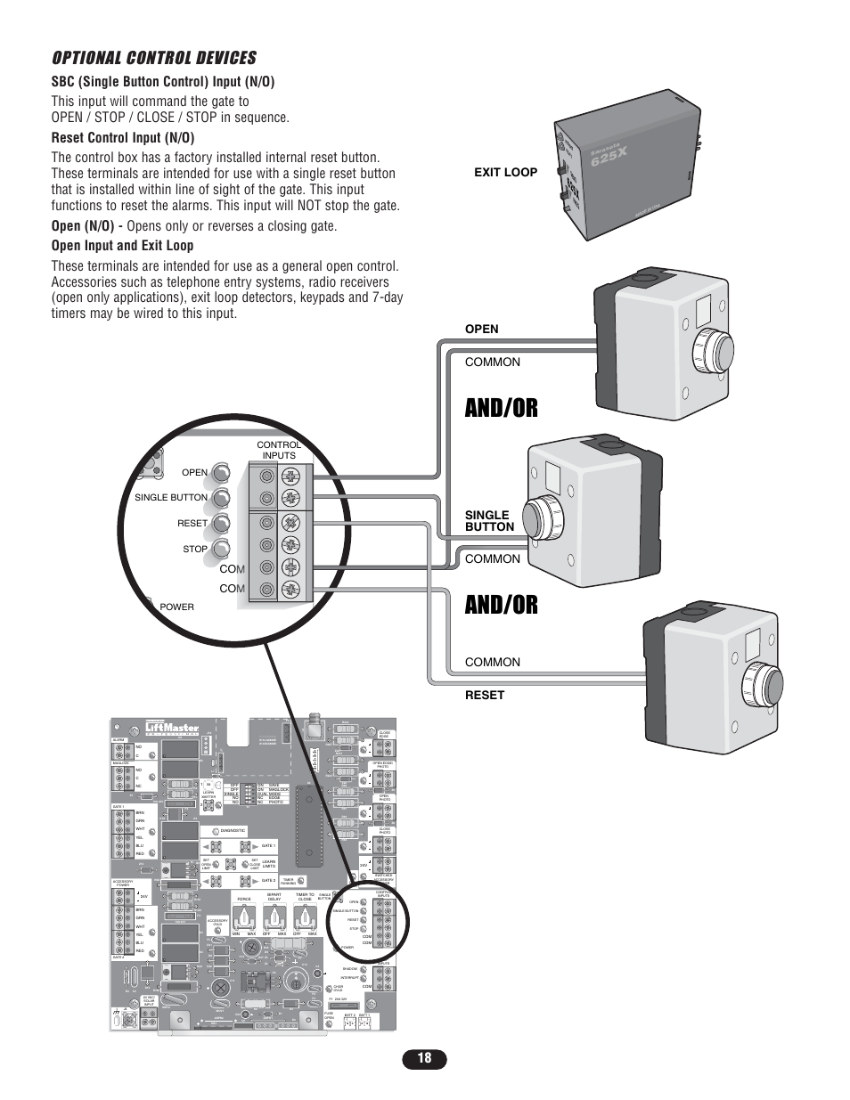 Optional control devices, And/or, 62 5x | Reset single button open common common common, Exit loop, 625x, Control inputs open single button reset stop power | Controlled Products Systems Group LA400-S User Manual | Page 18 / 32