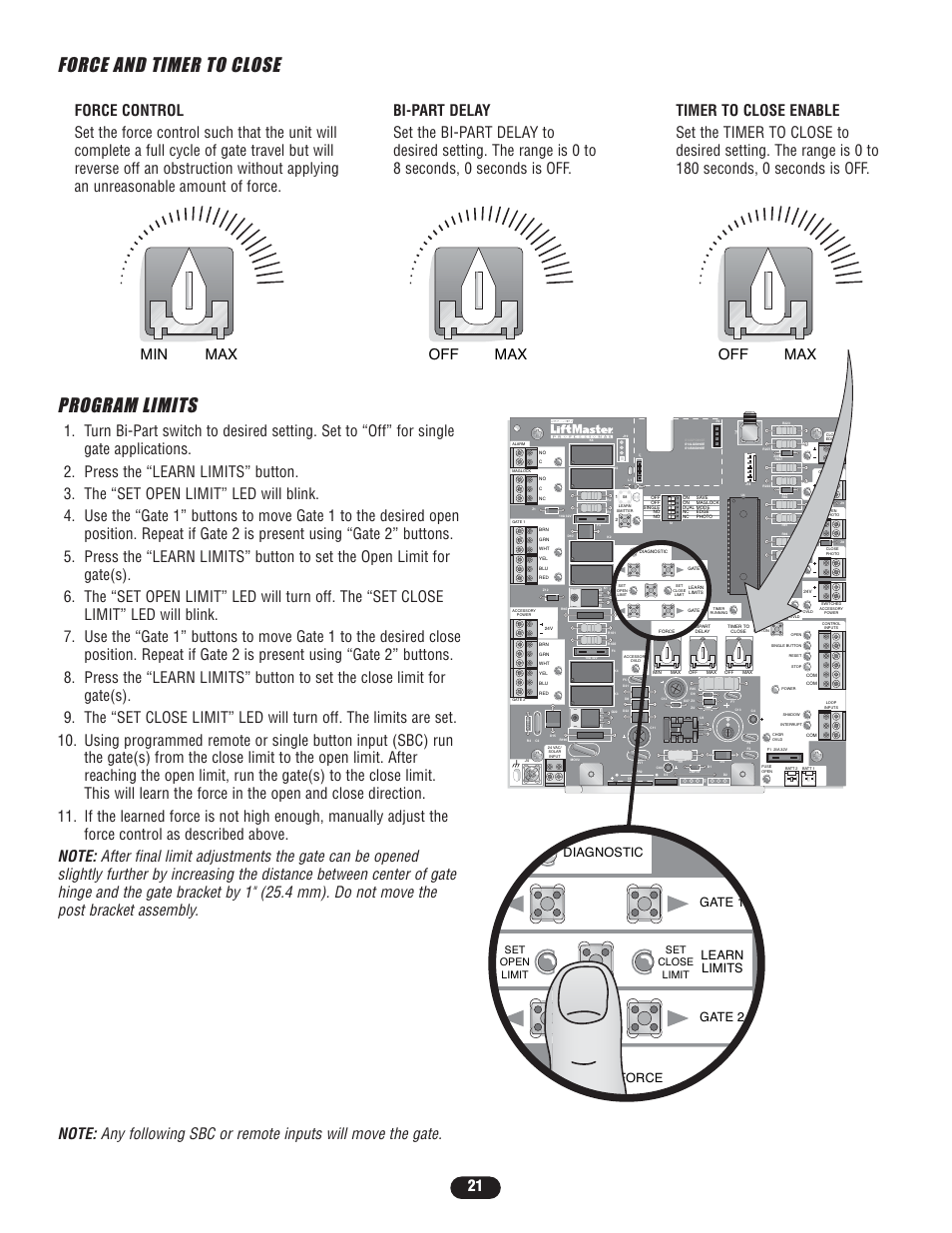 Force and timer to close, Program limits, Force and timer to close program limits | Min max off max off max, Force gate 2, Learn limits diagnostic gate 1, Set open limit set close limit | Controlled Products Systems Group LA400-S User Manual | Page 21 / 32