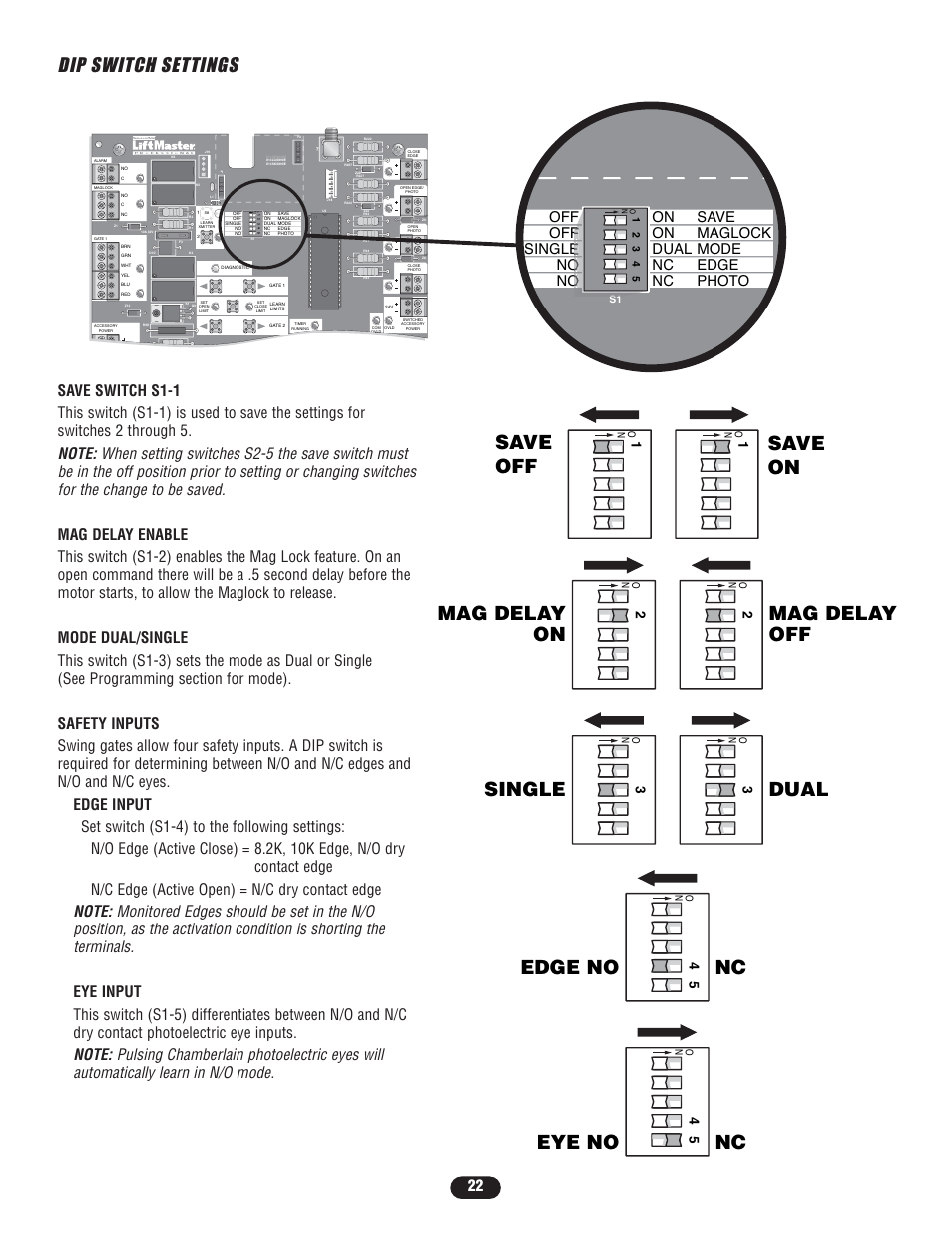 Dip switch settings, Save off, Save on dip switch settings | Controlled Products Systems Group LA400-S User Manual | Page 22 / 32