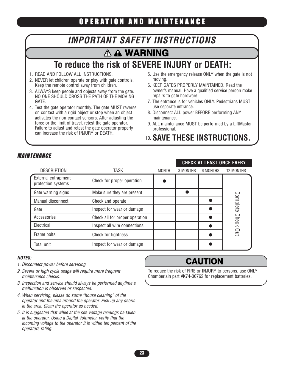 Operation and maintenance, Maintenance, Warning | Save these instructions, Warning caution warning warning | Controlled Products Systems Group LA400-S User Manual | Page 23 / 32