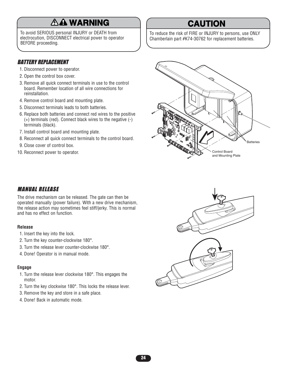 Battery replacement, Manual release, Warning caution warning warning | Controlled Products Systems Group LA400-S User Manual | Page 24 / 32