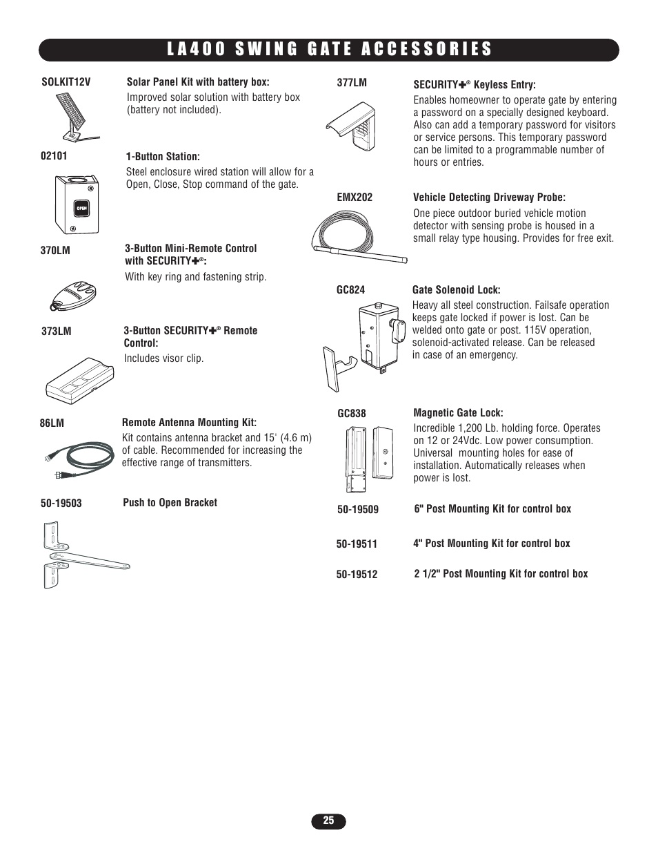 La400 swing gate accessories | Controlled Products Systems Group LA400-S User Manual | Page 25 / 32