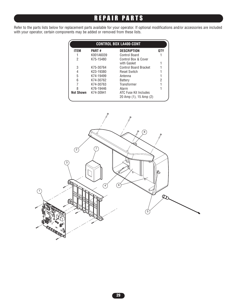 Repair parts | Controlled Products Systems Group LA400-S User Manual | Page 29 / 32