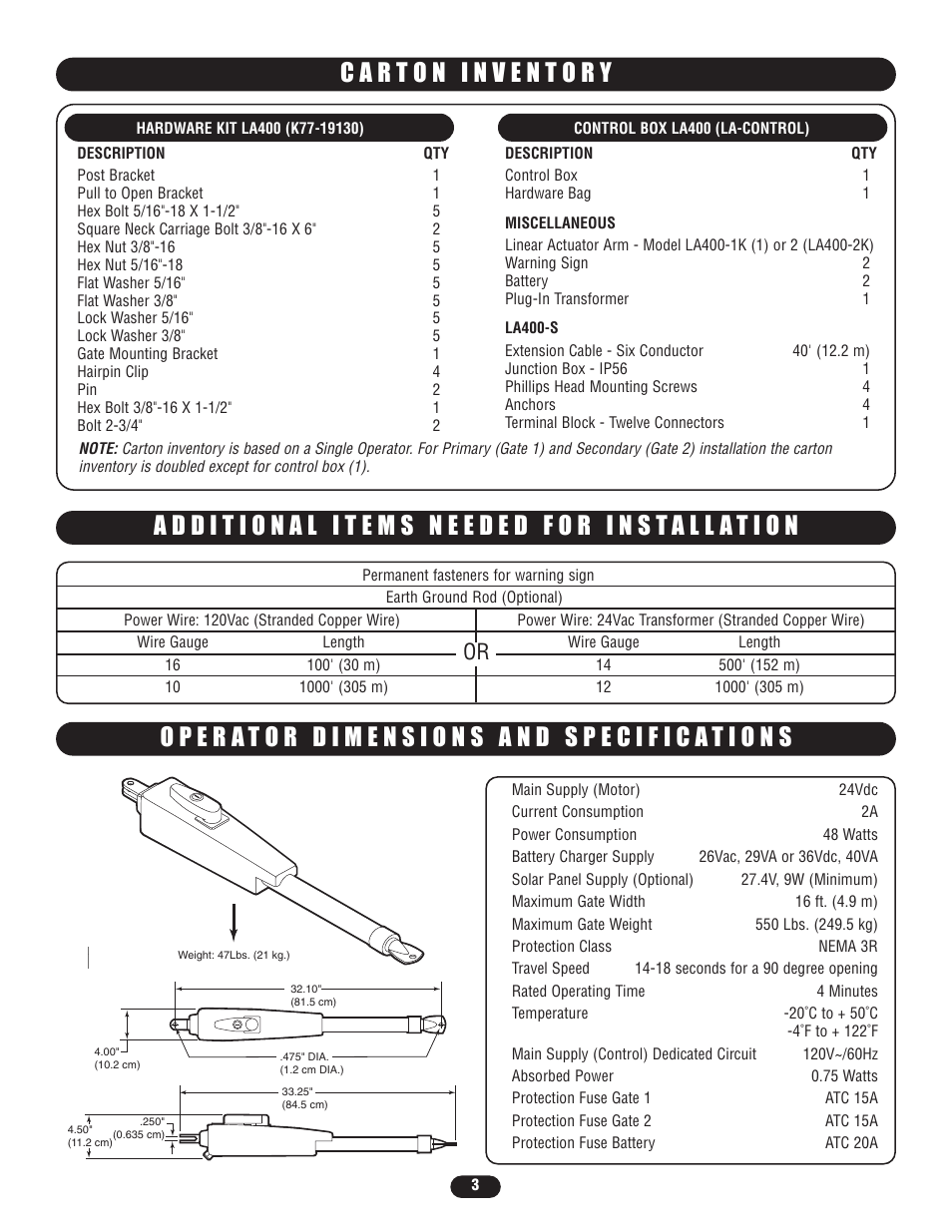 Carton inventory, Additional items needed for installation, Operator dimensions and specifications | Controlled Products Systems Group LA400-S User Manual | Page 3 / 32