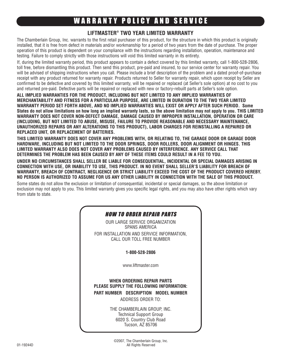 Warranty policy and service, How to order repair parts | Controlled Products Systems Group LA400-S User Manual | Page 32 / 32