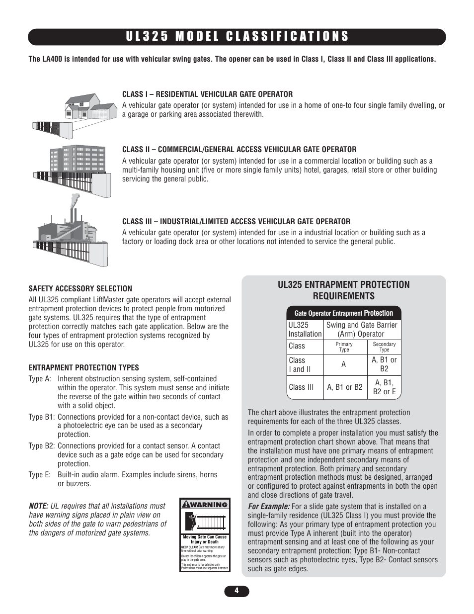 Ul325 model classifications, Ul325 entrapment protection requirements | Controlled Products Systems Group LA400-S User Manual | Page 4 / 32