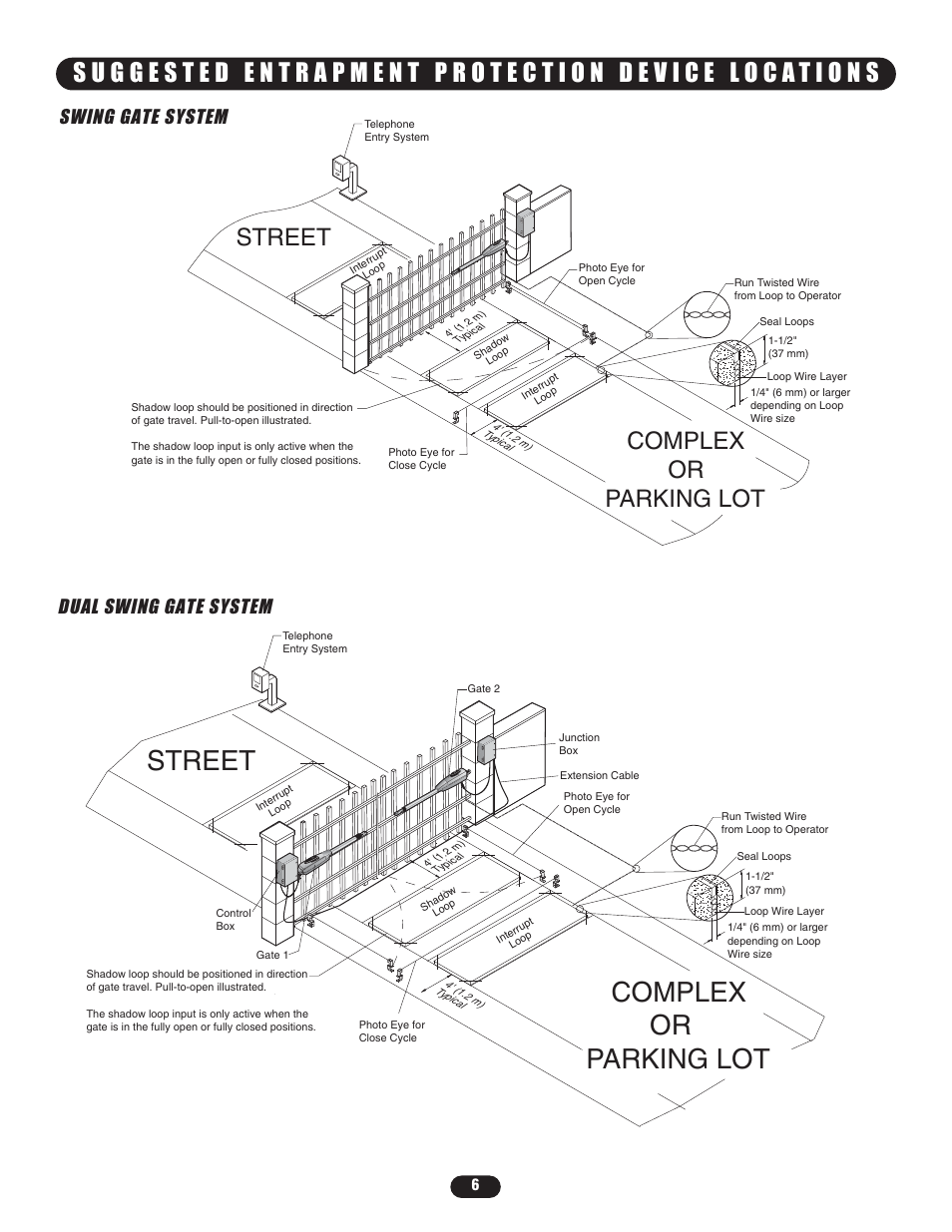 Suggested entrapment protection device locations, Dual swing gate system, Street | Complex or parking lot, Street complex or parking lot, Swing gate system dual swing gate system | Controlled Products Systems Group LA400-S User Manual | Page 6 / 32