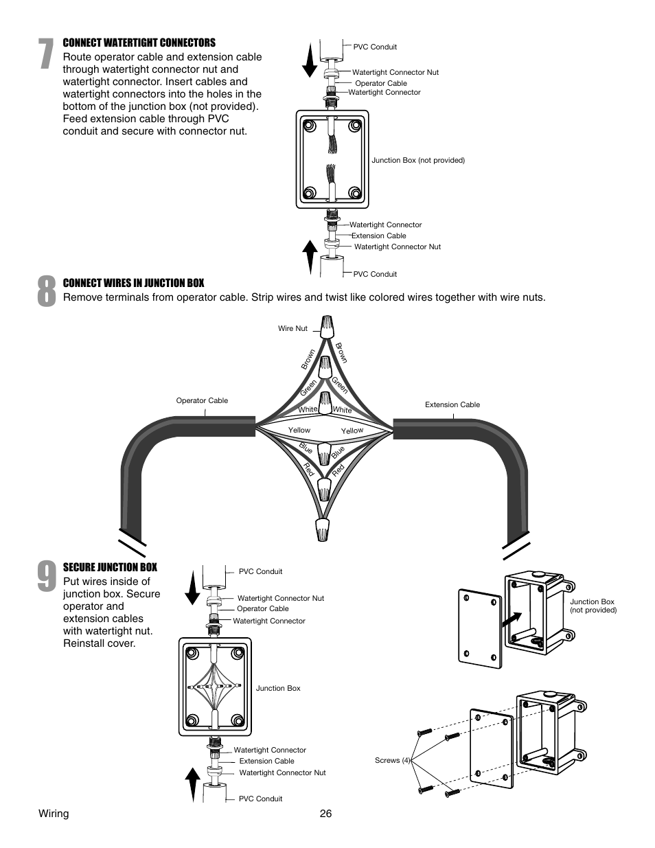 Connect watertight connectors, Connect wires in junction box, Secure junction box | Controlled Products Systems Group LA412 User Manual | Page 26 / 48