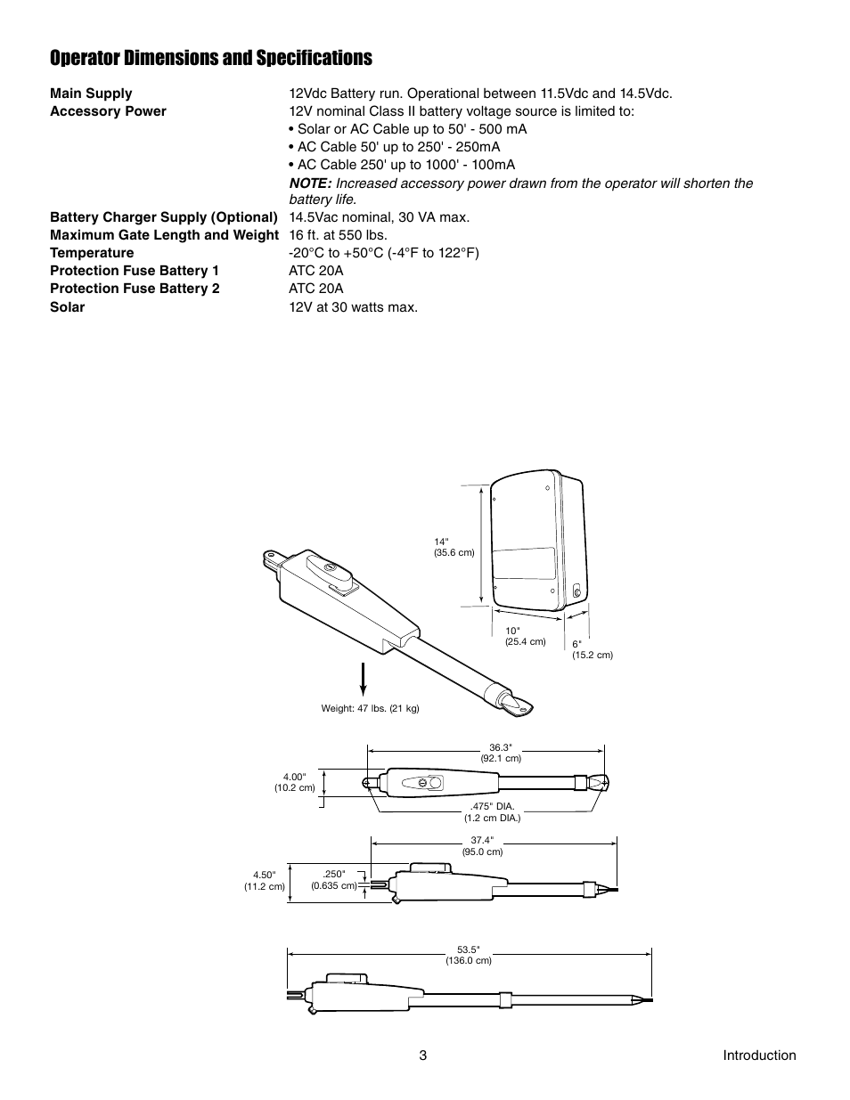 Operator dimensions and specifications | Controlled Products Systems Group LA412 User Manual | Page 3 / 48