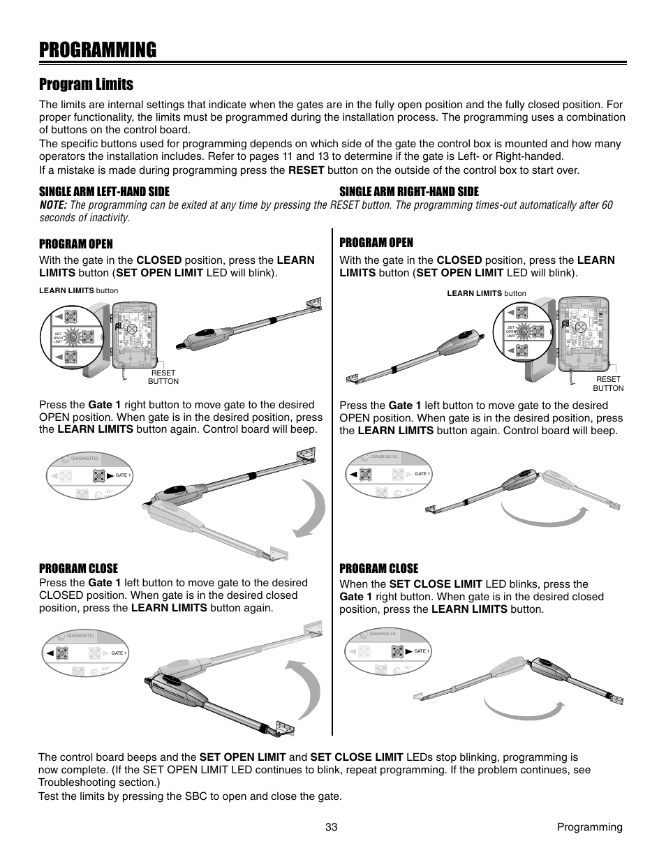 Programming, Program limits, Single arm left-hand side | Single arm right-hand side | Controlled Products Systems Group LA412 User Manual | Page 33 / 48