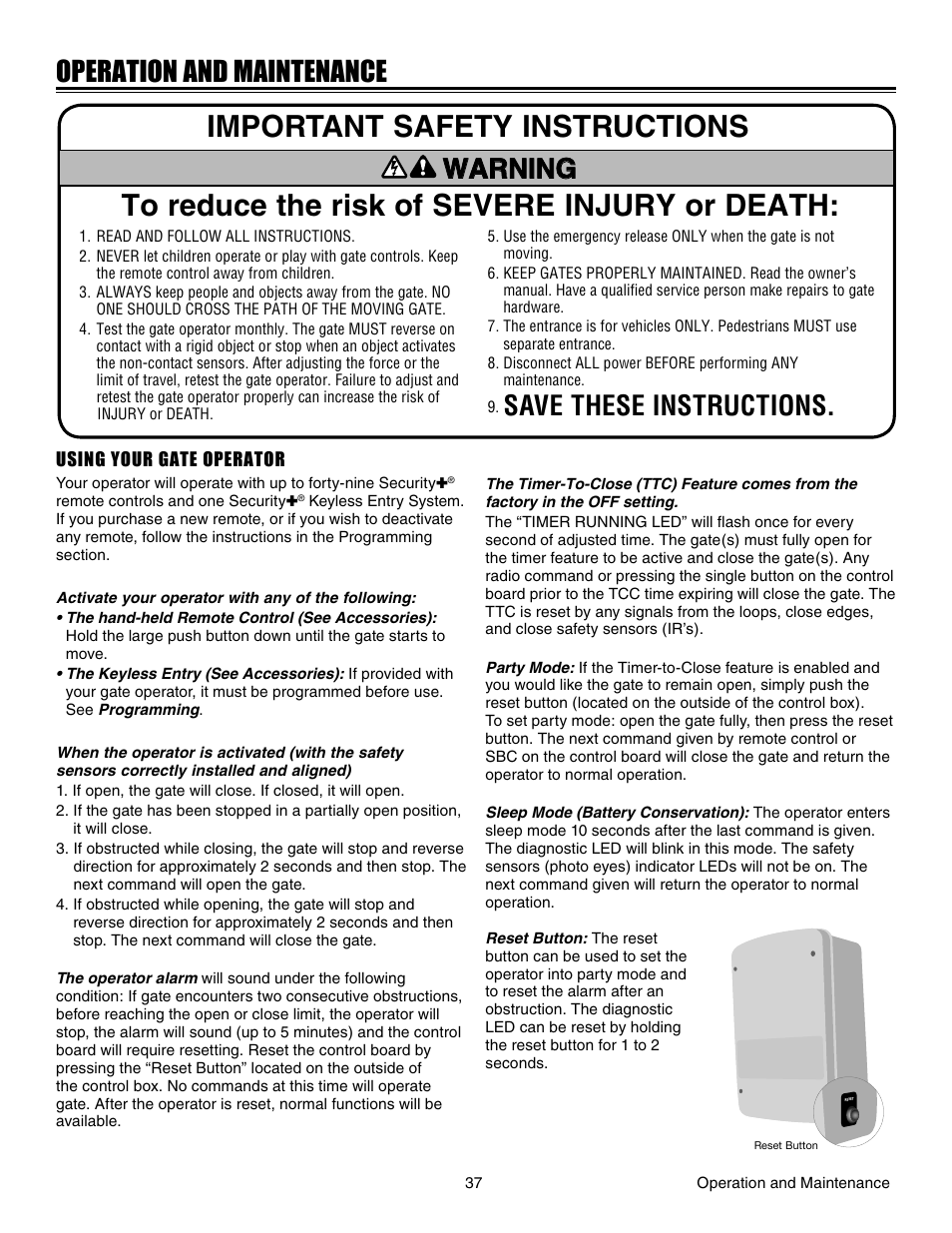 Operation and maintenance, Using your gate operator | Controlled Products Systems Group LA412 User Manual | Page 37 / 48
