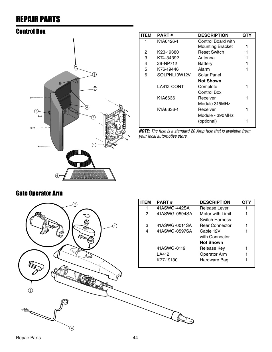 Repair parts, Control box, Gate operator arm | Controlled Products Systems Group LA412 User Manual | Page 44 / 48