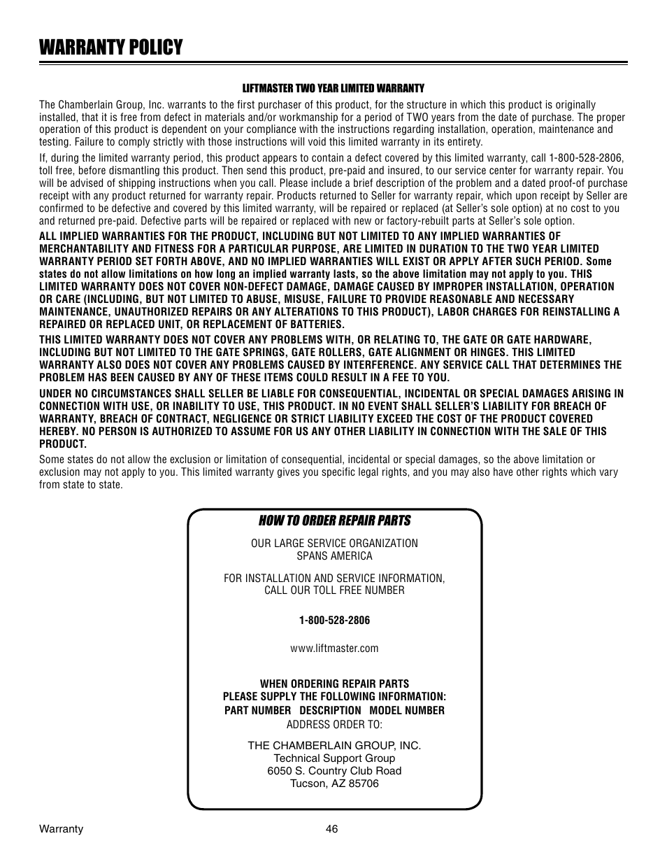 Warranty policy, How to order repair parts | Controlled Products Systems Group LA412 User Manual | Page 46 / 48