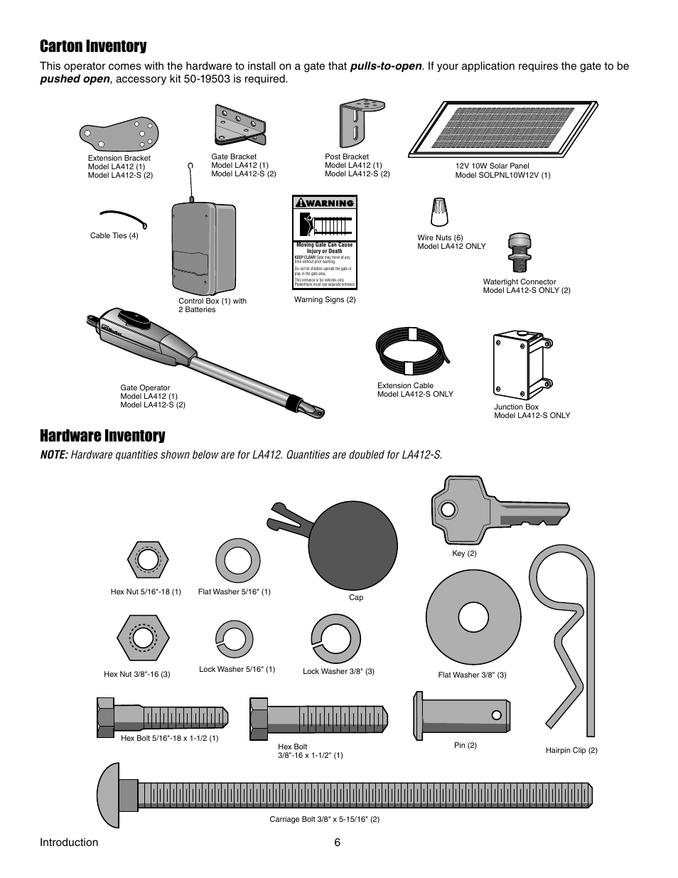 Carton inventory, Hardware inventory, Introduction 6 | Controlled Products Systems Group LA412 User Manual | Page 6 / 48