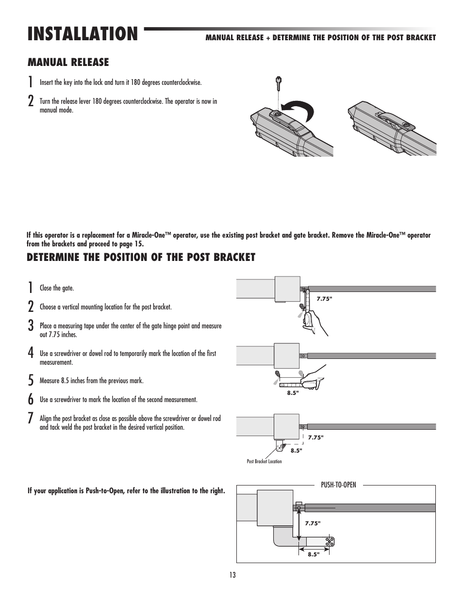 Installation, Manual release, Determine the position of the post bracket | Controlled Products Systems Group LA500 User Manual | Page 15 / 48