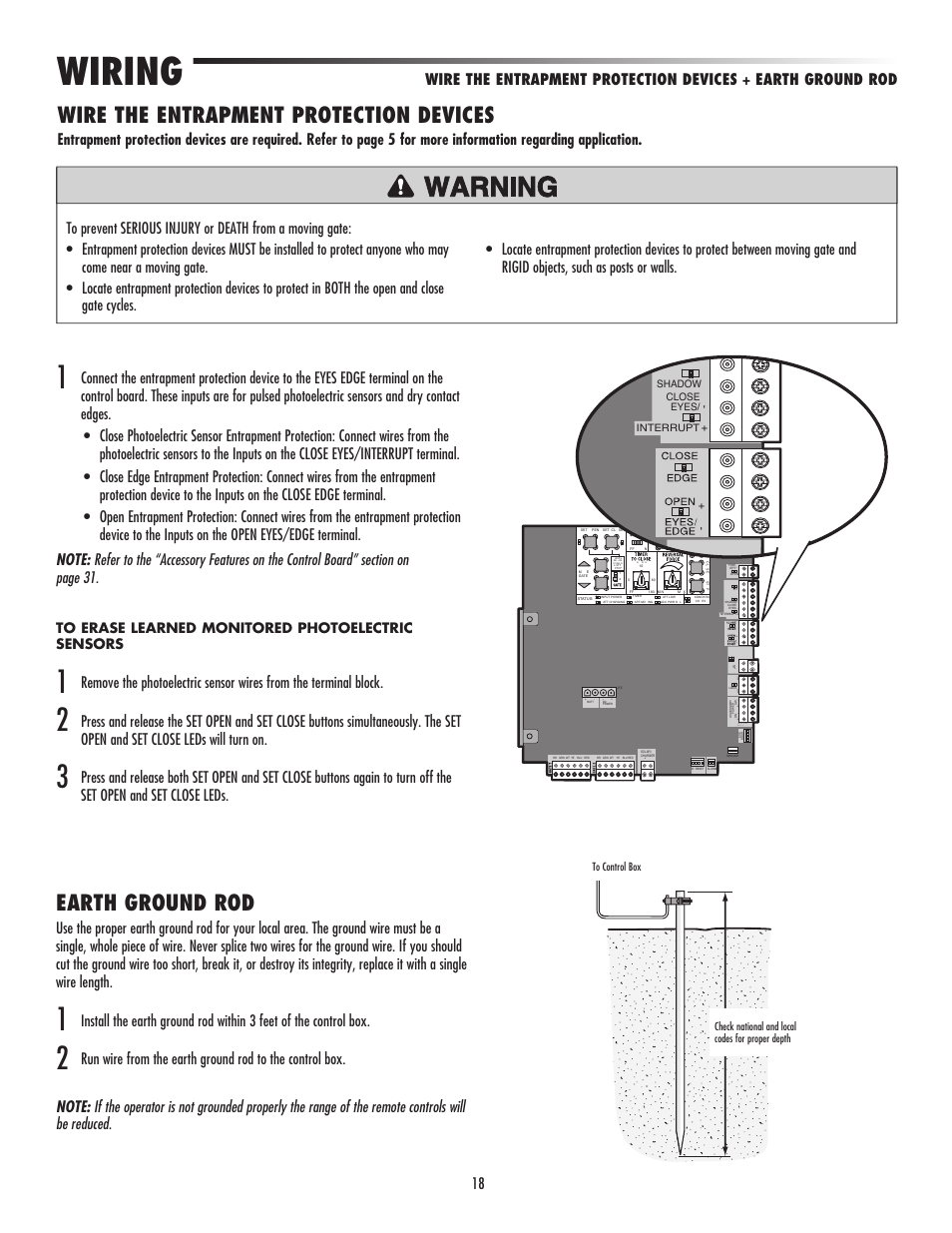 Wiring, Wire the entrapment protection devices, Earth ground rod | La s 2 u p y 4 v l s | Controlled Products Systems Group LA500 User Manual | Page 20 / 48