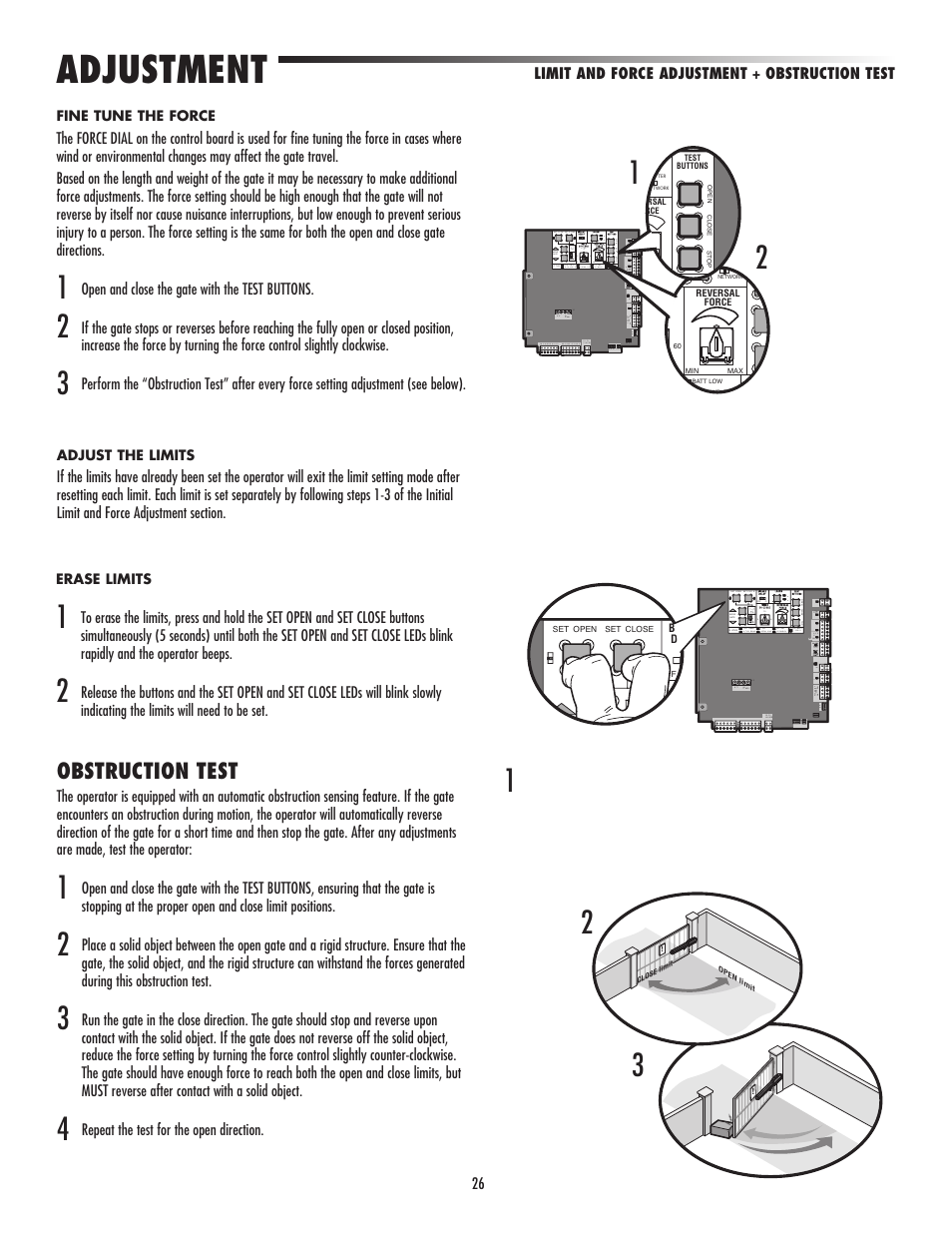 Obstruction test, Adjustment | Controlled Products Systems Group LA500 User Manual | Page 28 / 48