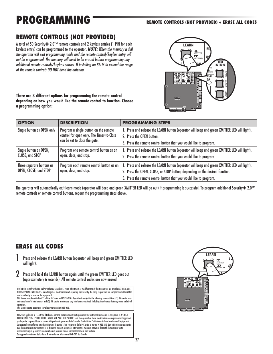Programming, Remote controls, Erase all codes | Remote controls (not provided) | Controlled Products Systems Group LA500 User Manual | Page 29 / 48