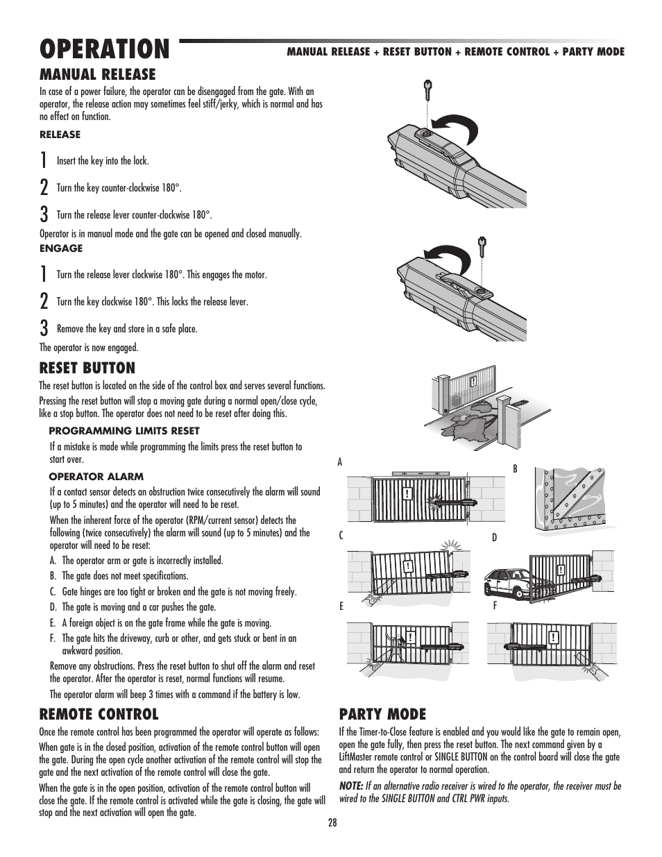 Operation, Manual release, Reset button | Remote control, Party mode | Controlled Products Systems Group LA500 User Manual | Page 30 / 48