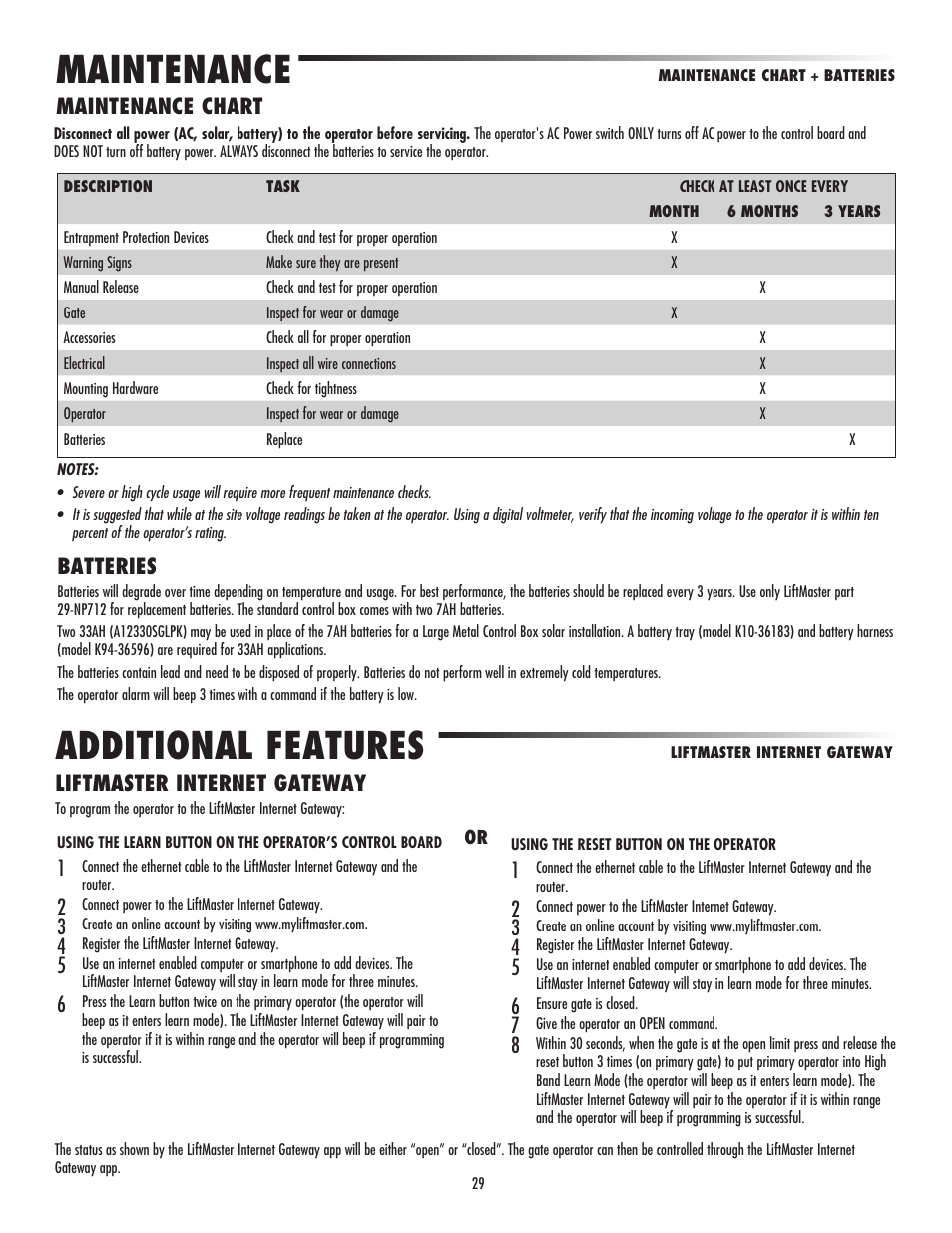 Maintenance, Maintenance chart, Batteries | Additional features, Liftmaster internet gateway | Controlled Products Systems Group LA500 User Manual | Page 31 / 48