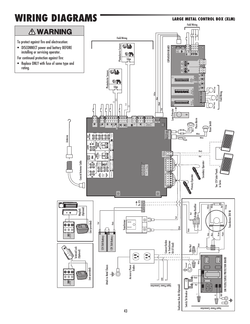 Large metal control box (xlm), Wiring diagrams, Field wiring exp ansion board | Piezo alarm, Reset switch, Loop detector field wiring, Field wiring, Transformer 200 v a, Bridge rectifier wire nut, 12v 7ah batter y | Controlled Products Systems Group LA500 User Manual | Page 45 / 48